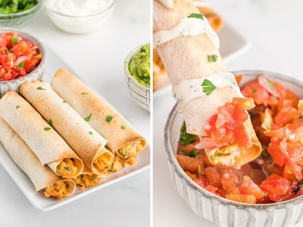 Cooked taquitos on a white plate in one picture and the other picture is a taquito being dipped in salsa. 