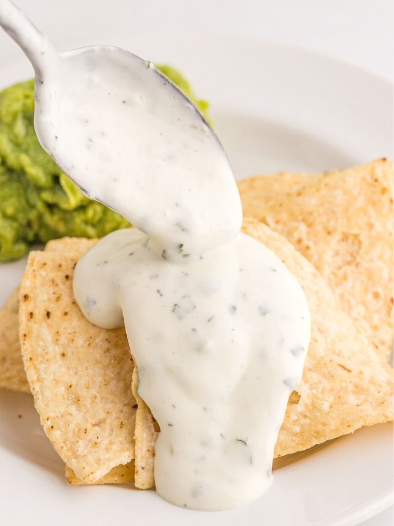 A stack of tortilla chips on a white plate with a spoonful of dip falling over it. Guacamole in the background of the plate for some color. 