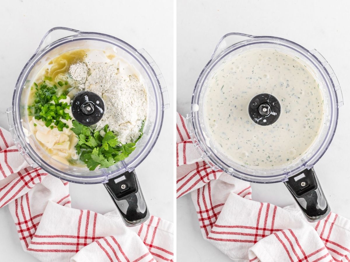 Steps needed to make this dip recipe with two pictures and a food processor in both showing how to make it. 