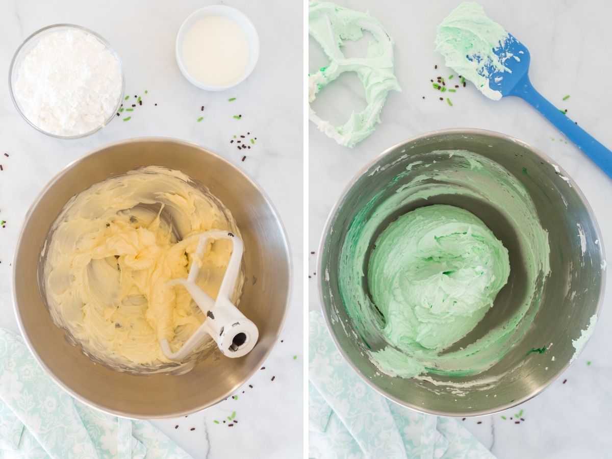 Step by step pictures for how to make this cupcake recipe with a mixing bowl and ingredients showing each step. 