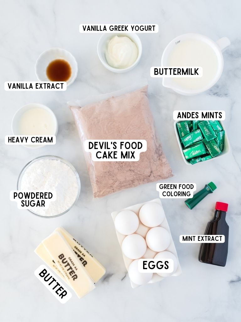 Ingredients needed to make this cupcake recipe with each one labeled in black text.