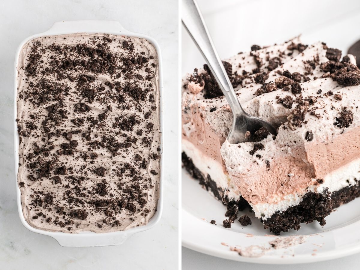 How to make a layered dessert with oreo cookies, pudding, and cheesecake. Step by step photos showing the process. 