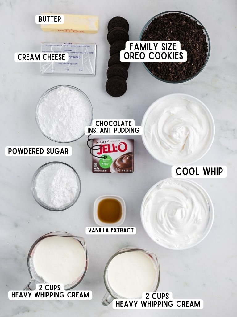 Ingredients needed to make an oreo dessert with each one labeled in black text with what it is. 