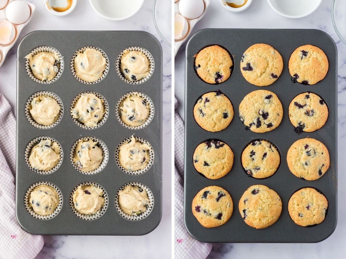 Step by step photo collages for how to make blueberry muffins from scratch.