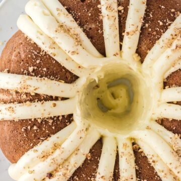 Overhead shot of a bundt cake with frosting.