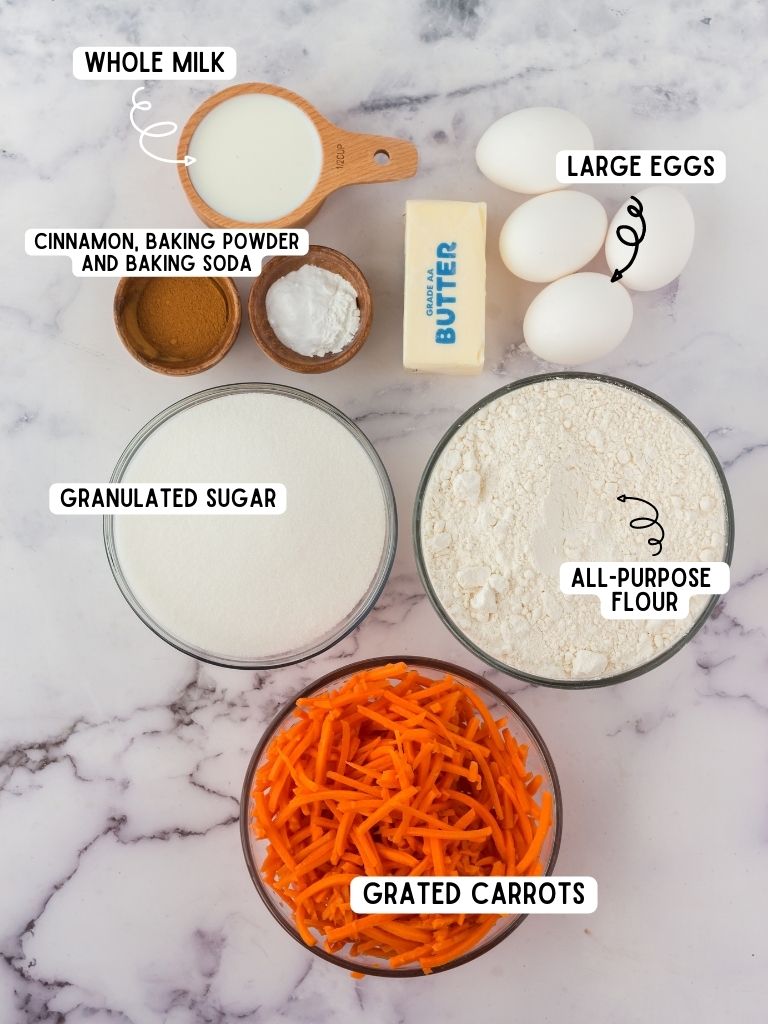 Ingredients needed for this bundt carrot cake recipe with each one labeled in black text with what it is. 