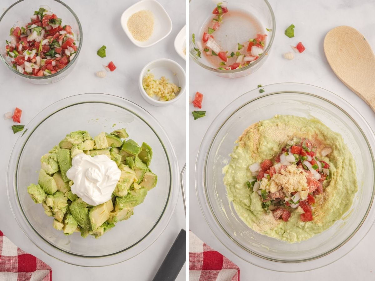 Step by step picture directions for how to make guacamole with sour cream.