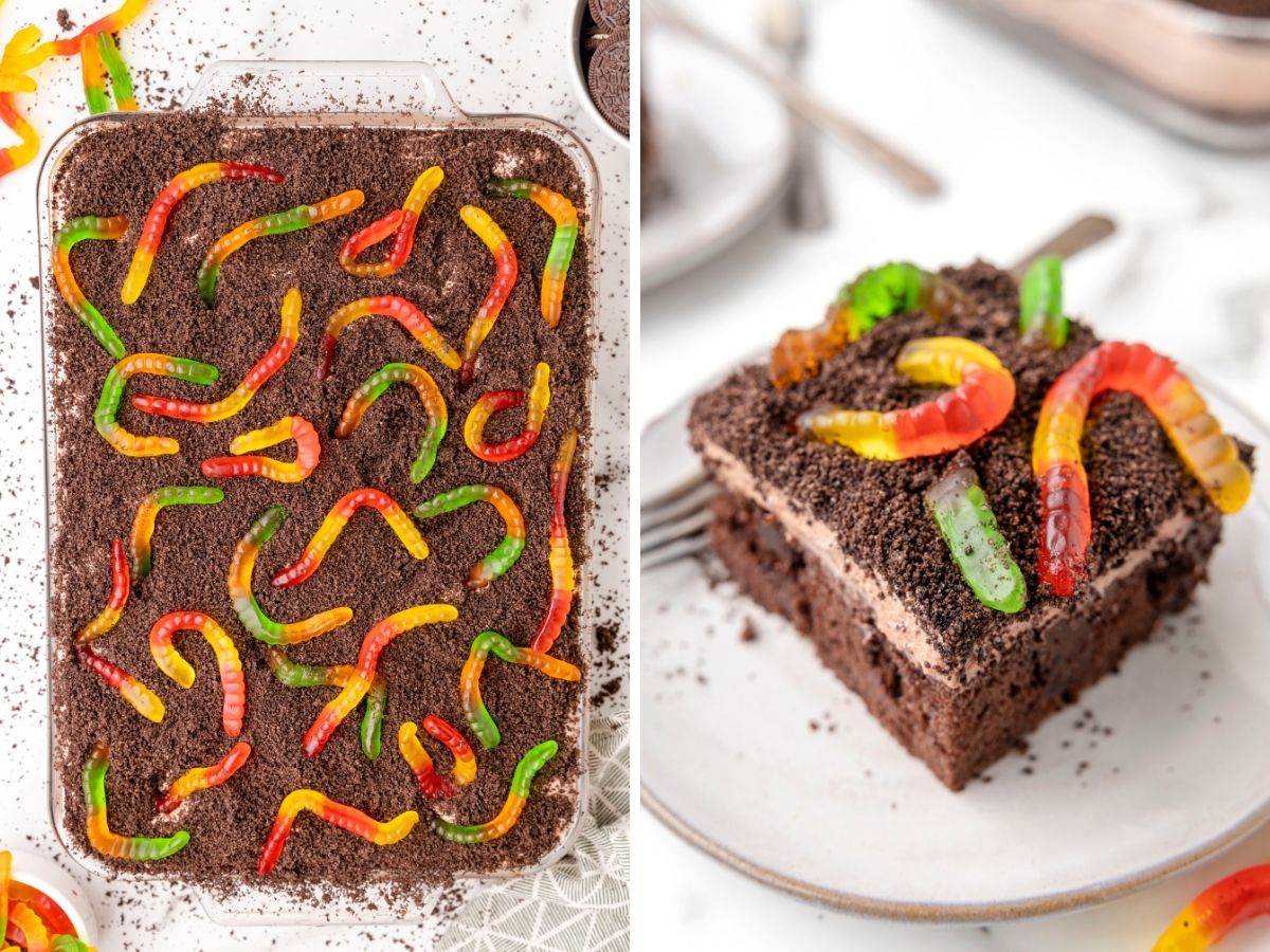 Steps needed, with picture instructions, to make this chocolate cake recipe with pudding and worms.