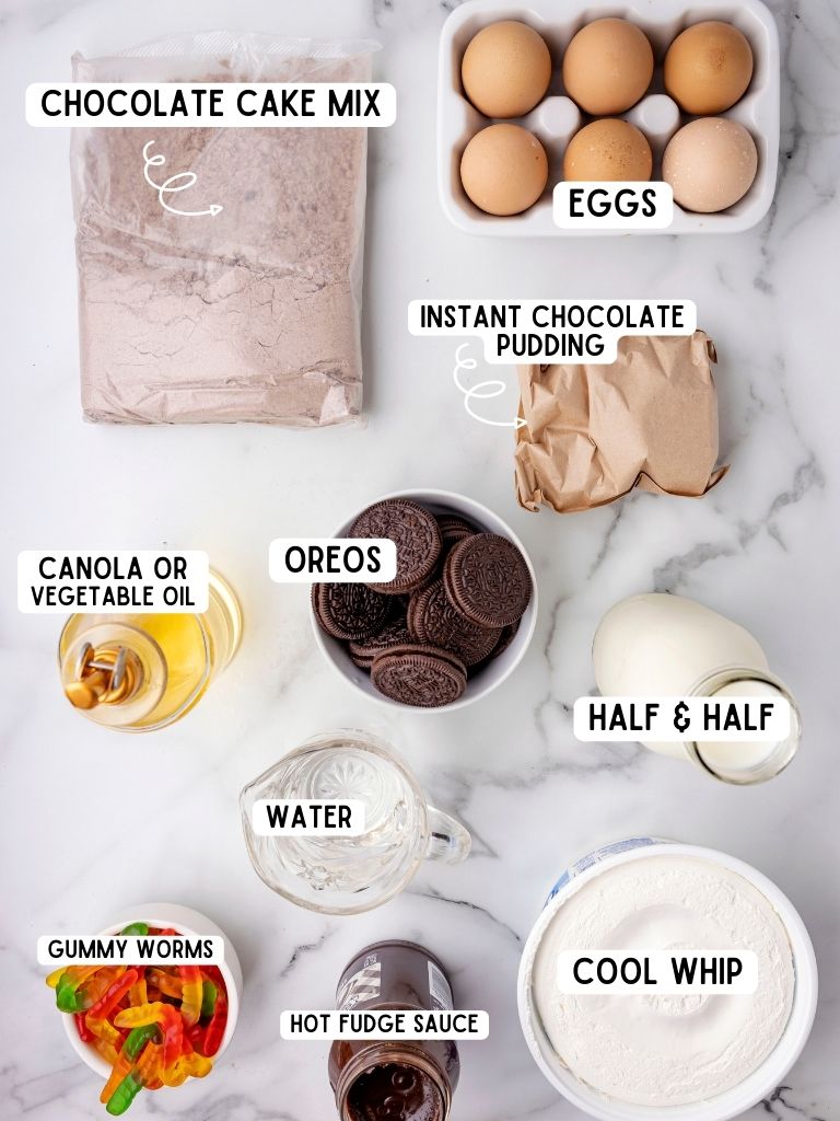 Ingredients laid on a white background with each one labeled in black text with what it is.