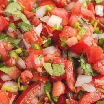 Close up picture of chopped tomato salsa.