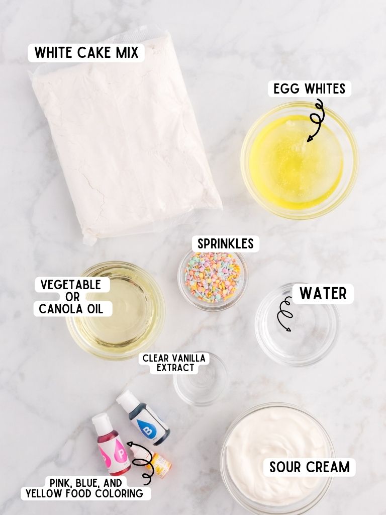 Ingredients need for this swirled cake with each one labeled. 