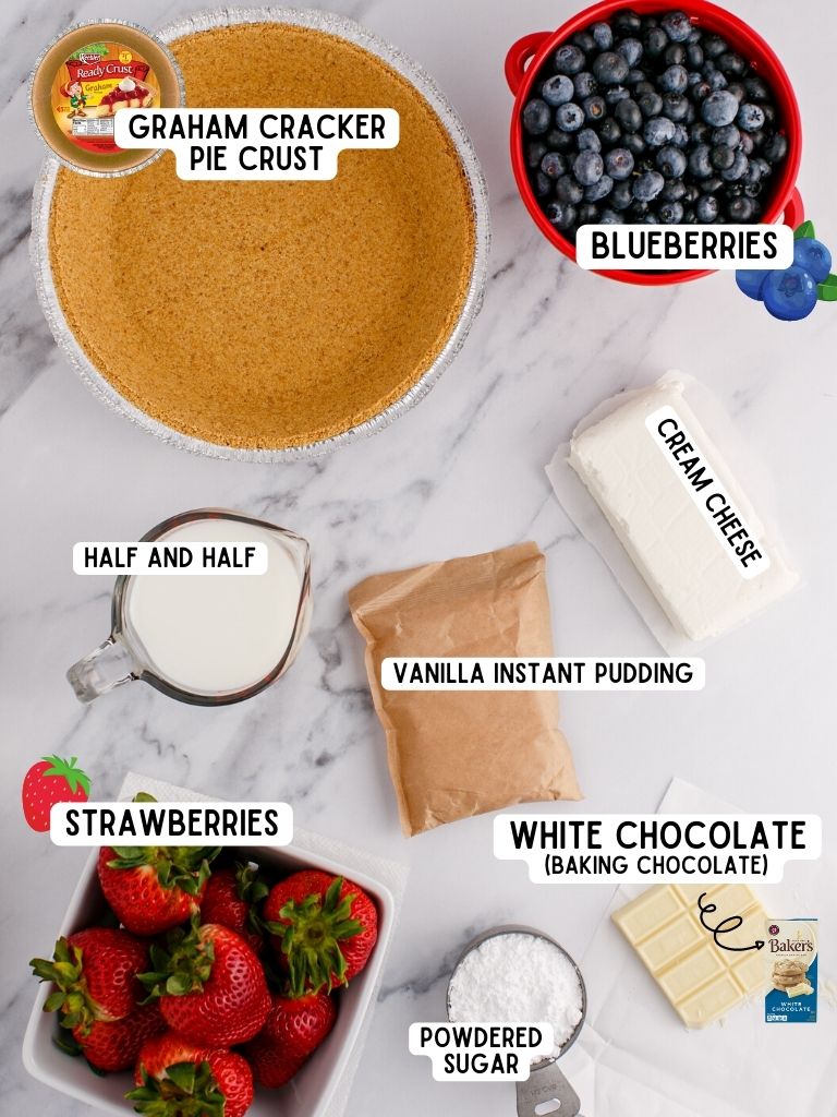 Ingredients needed to make this recipe for a berries and cream pie with each one labeled in text with what it is. 