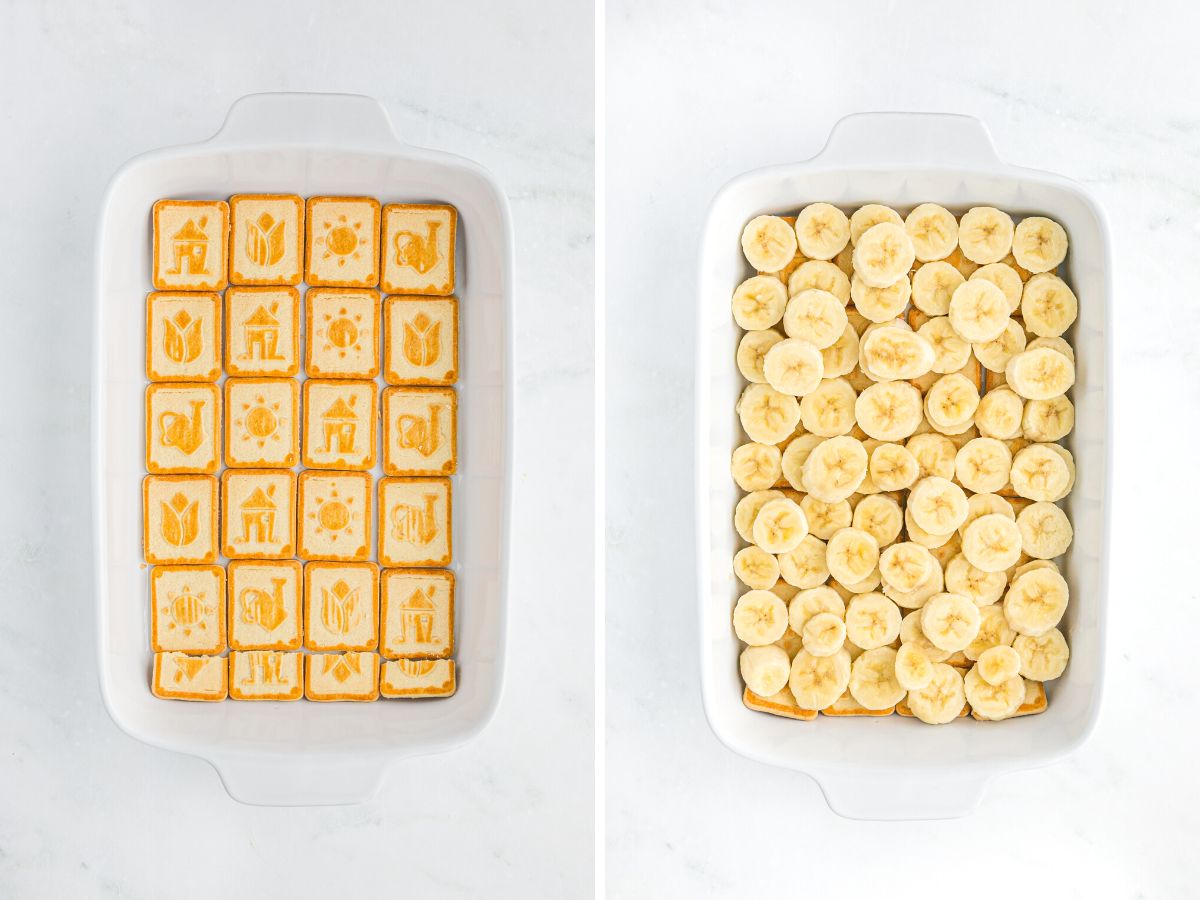 How to make banana pudding with chessmen cookies with step by step photo instructions in this collage picture.