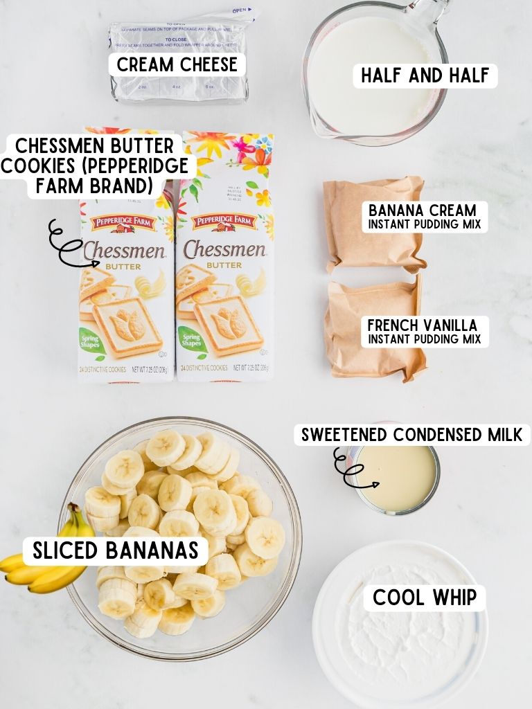Ingredients for banana pudding dessert with each one labeled in black text with what it is. 