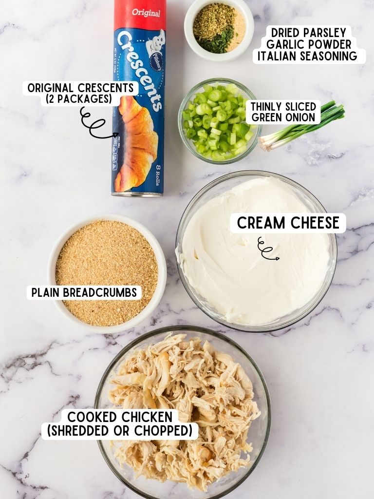 Ingredients needed to make chicken pillows with each one labeled in black text with what it is.
