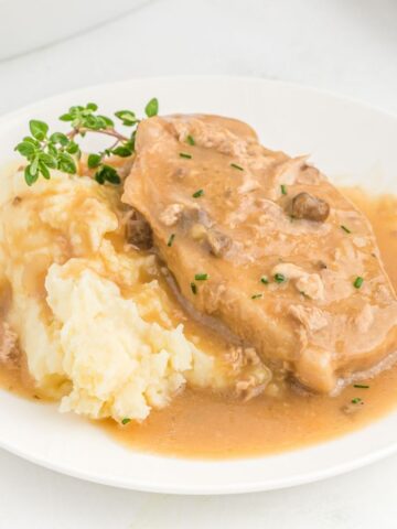 A white plate with a cream of mushroom pork chop sitting on top of mashed potatoes.