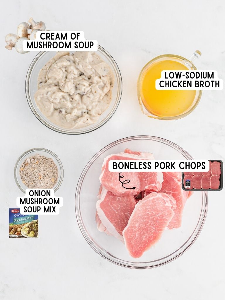 Ingredients laid out on a white background that you need to make this mushroom pork chop recipe. Each ingredient is labeled in black text with what it is. 