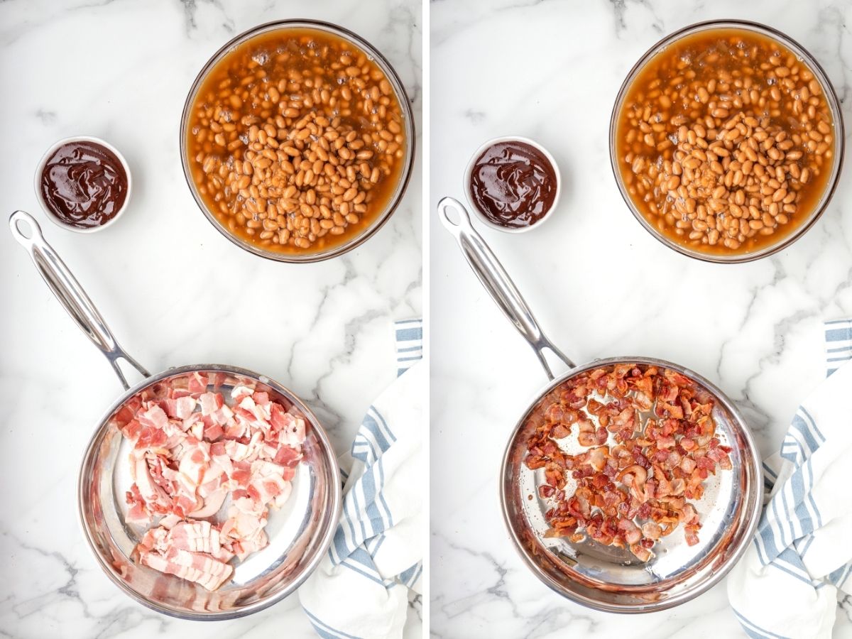 How to make baked beans with step by step pictures showing the instructional steps. 