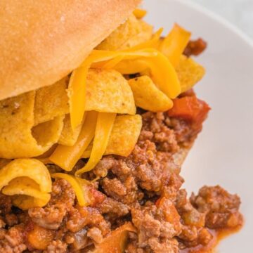 A sloppy Joe on a white plate with a close up shot to see the texture of the meat.