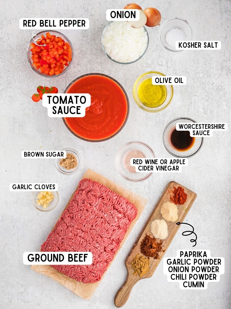 Ingredients needed to make Frito pie sloppy joes with each one labeled in black text.