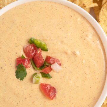 Close up picture of queso inside a white bowl topped with tomatoes, cilantro, and onion. Tortilla chips around the bowl.