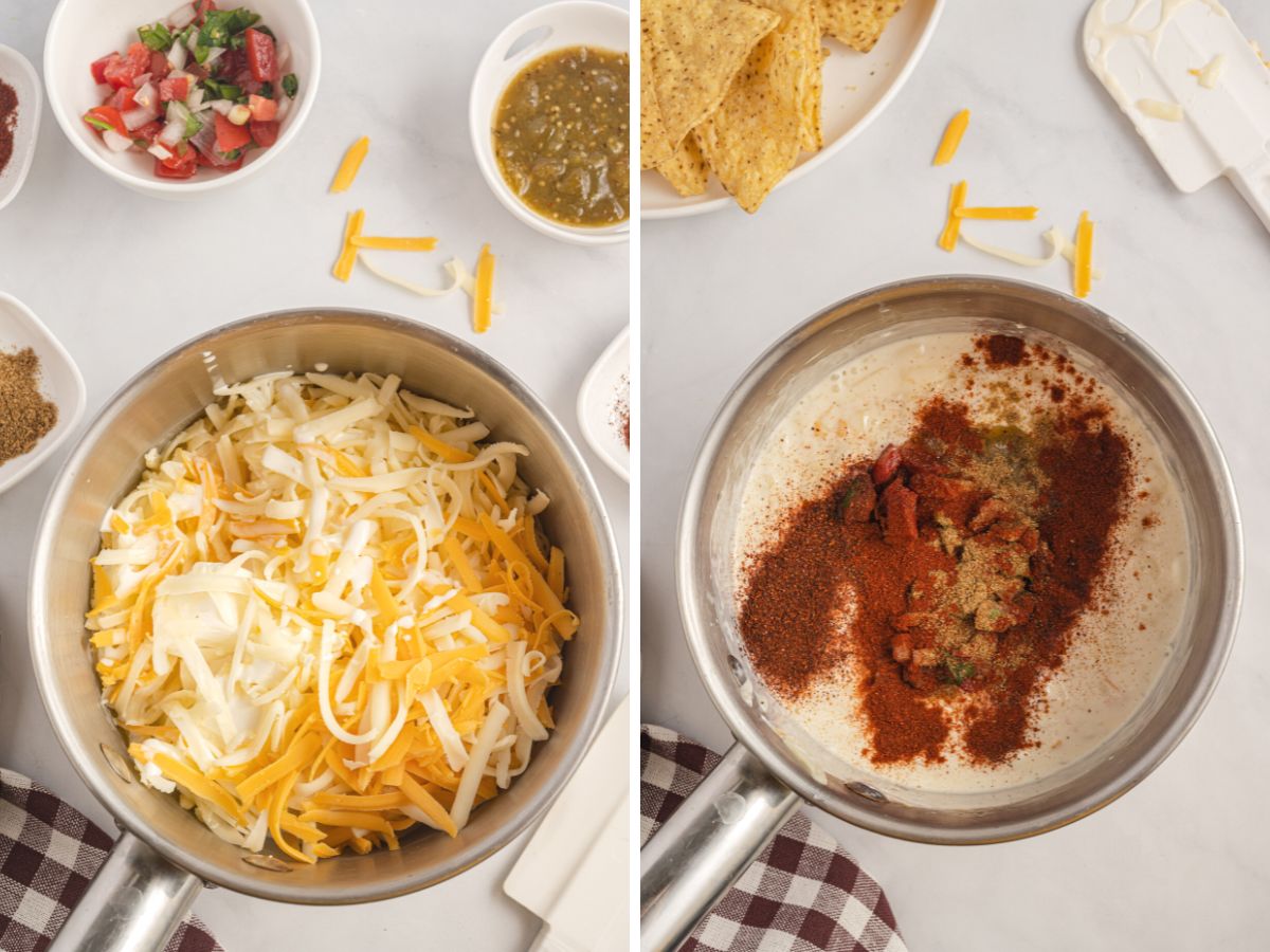 step by step photos showing how to make queso in a saucepan on the stove.