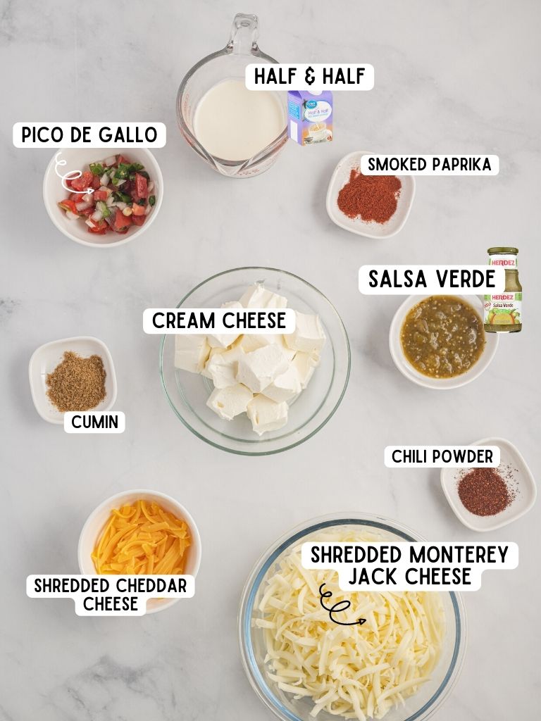 Ingredients you need to make queso on a white background with each one labeled in black text with what it is. 