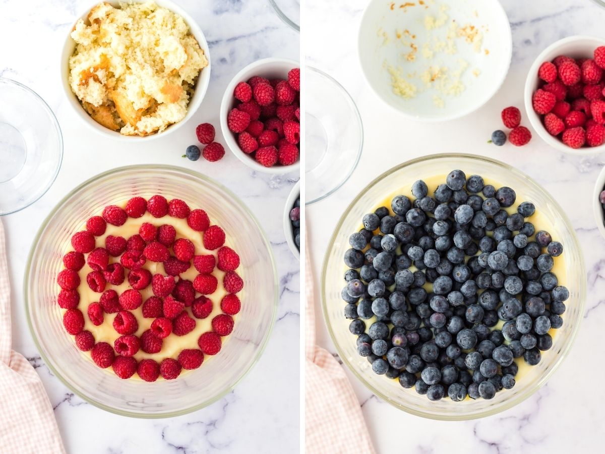 How to make red white and blue trifle with step by step picture instructions showing each step needed.