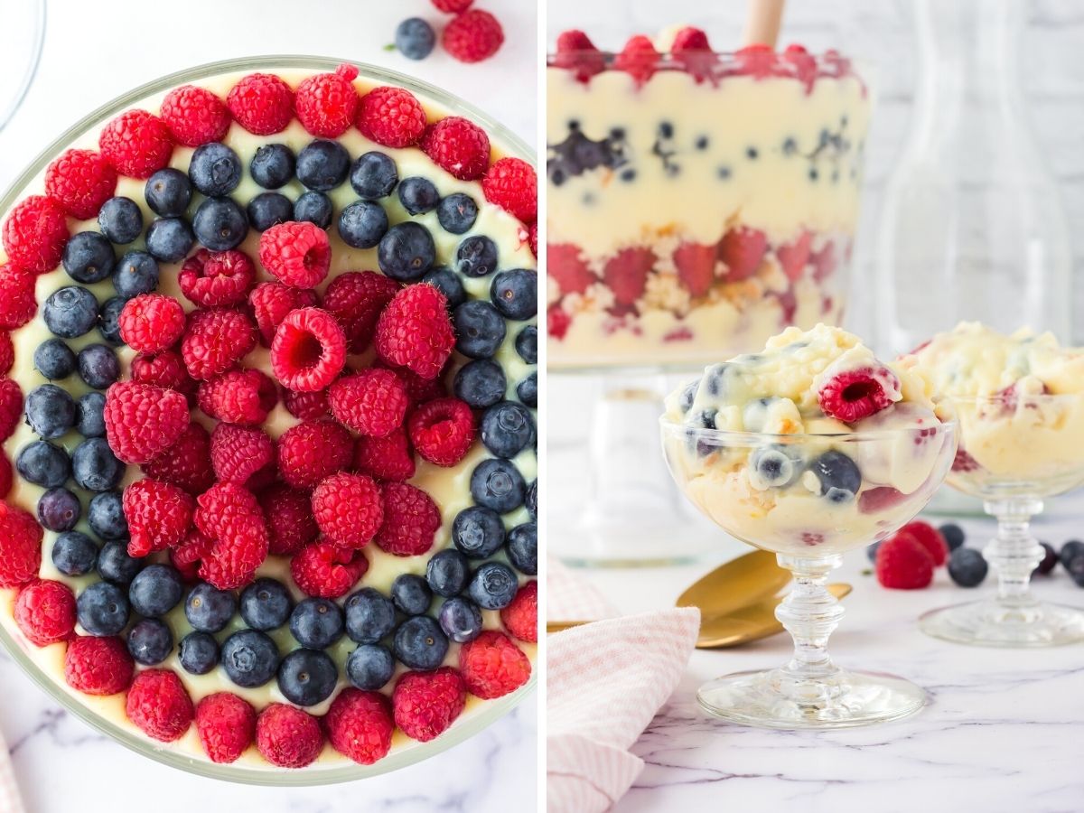 How to make red white and blue trifle with step by step picture instructions showing each step needed.