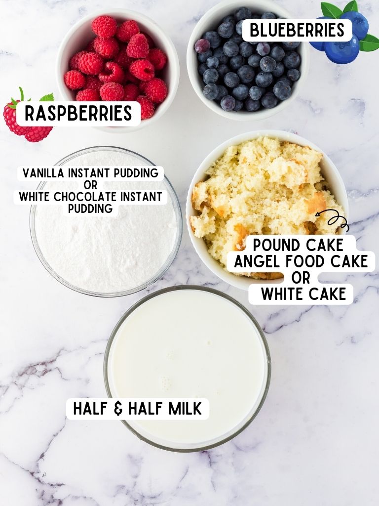 Ingredients needed to make this red white blue trifle with each one labeled in black text. 