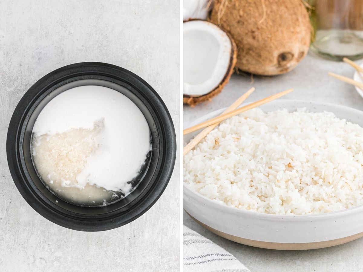 How to make coconut rice recipe in a rice cooker with step by step instructions with pictures. 