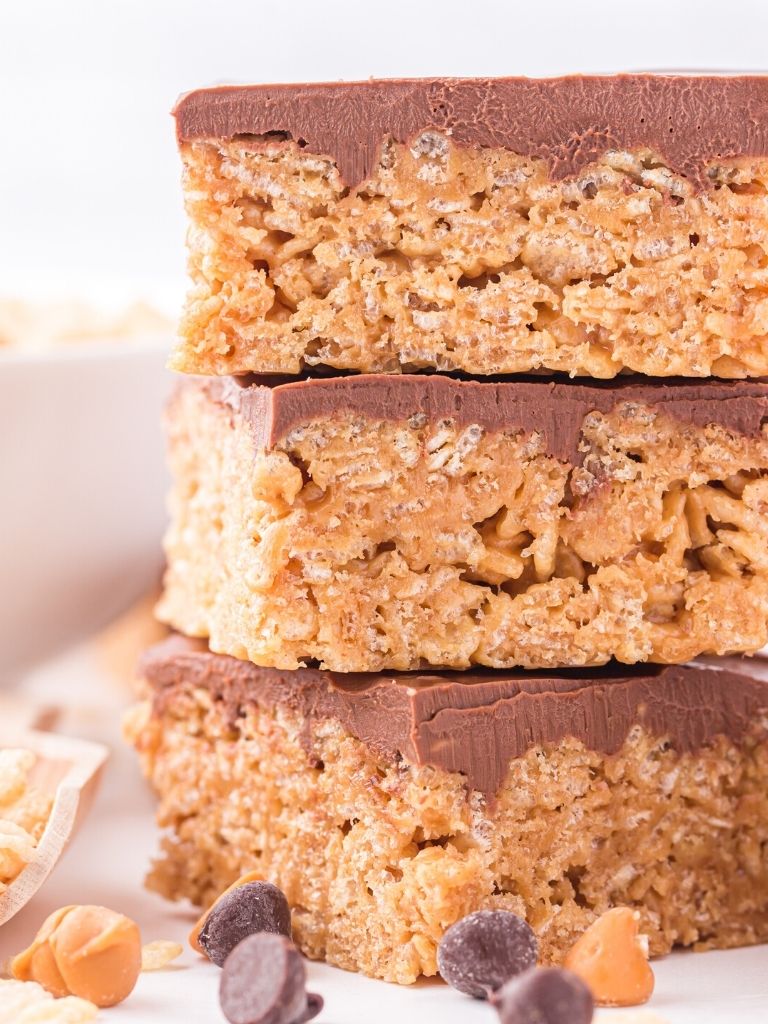 Stack of Krispies treats with butterscotch and peanut butter.