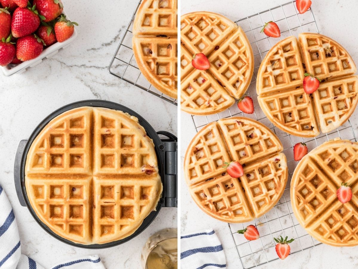 How to make strawberry waffles with a photo collage showing each step needed in the recipe. 