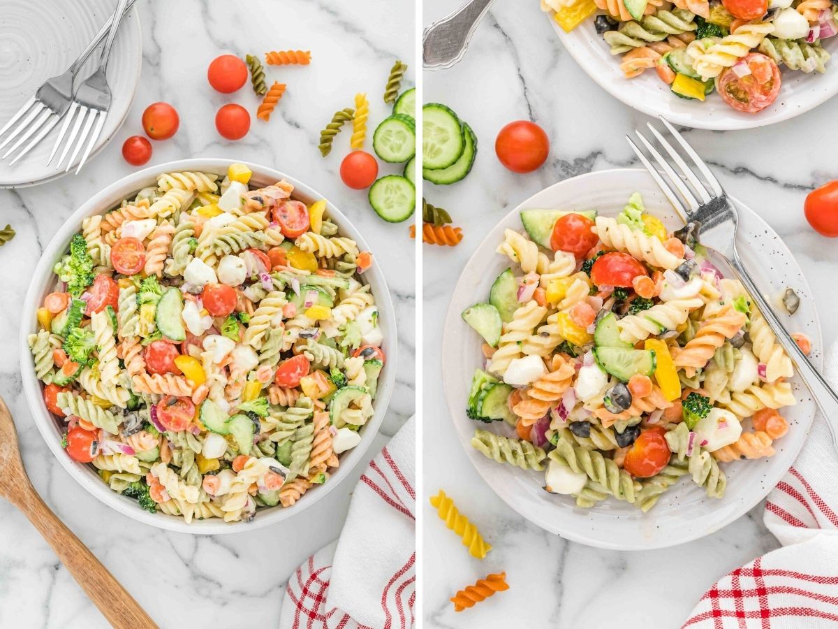 How to make tri color pasta salad with step by step photos for the instructions. 