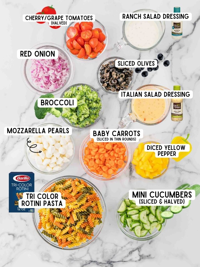 Ingredients needed for a tri color pasta salad with each one labeled in black text.