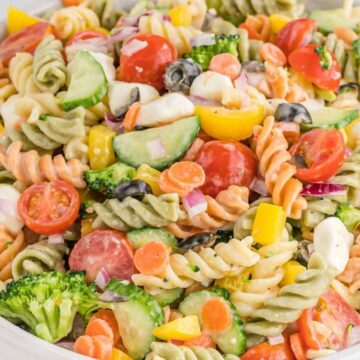 A bowl with tri color rotini pasta salad inside of it.