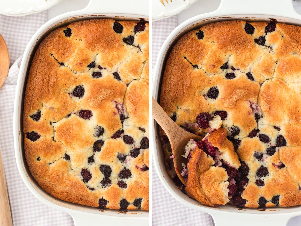 Step by step picture collages showing how to make this recipe for cobbler with fresh blackberries.