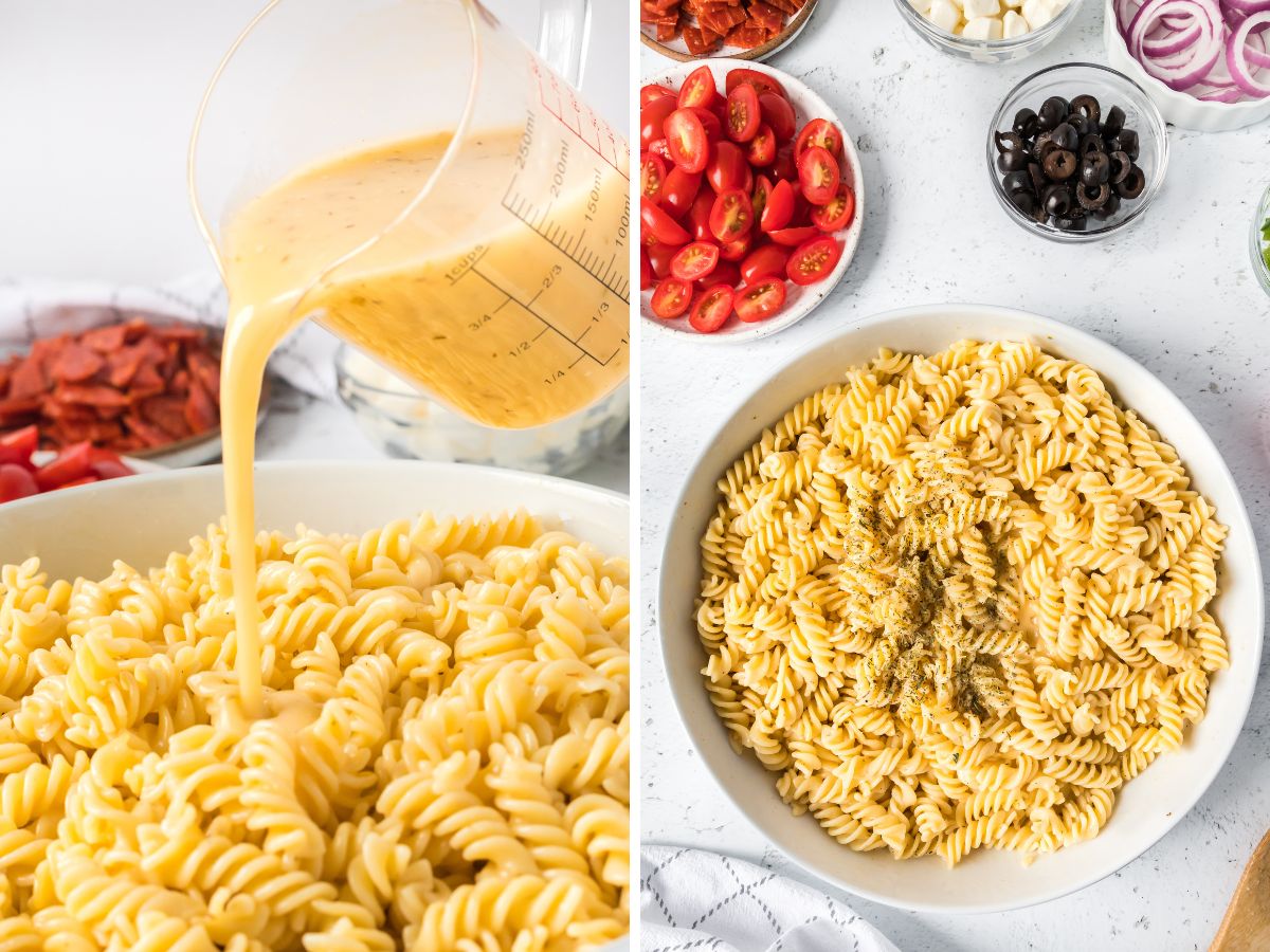 How to make this recipe for a classic italian pasta salad with step by step picture instructions.