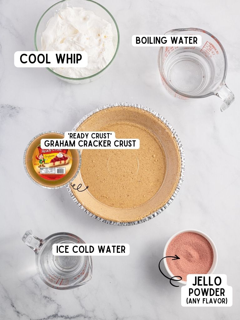Ingredients for a jello pie on a white background with each one labeled in black text with what it is. 