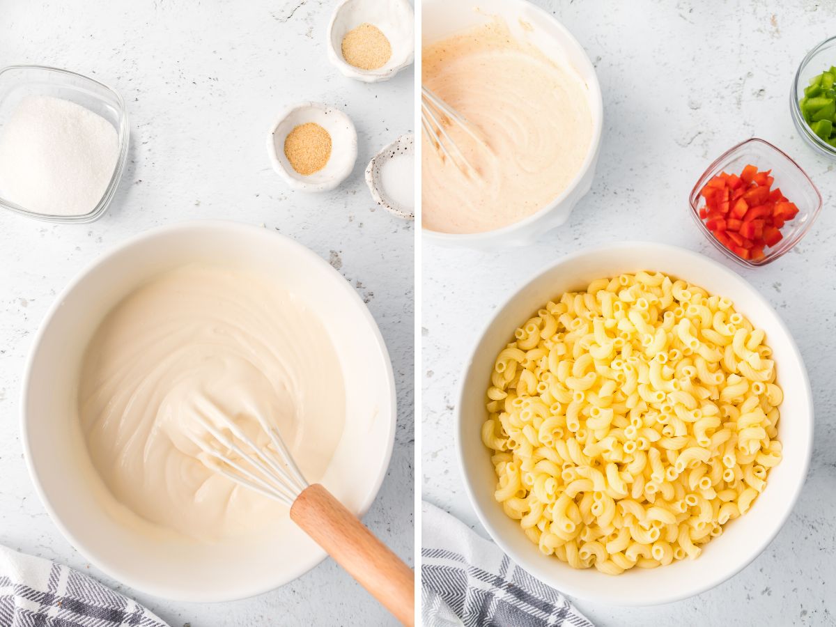 How to make a creamy macaroni salad with step by step pictures in this picture collage. 