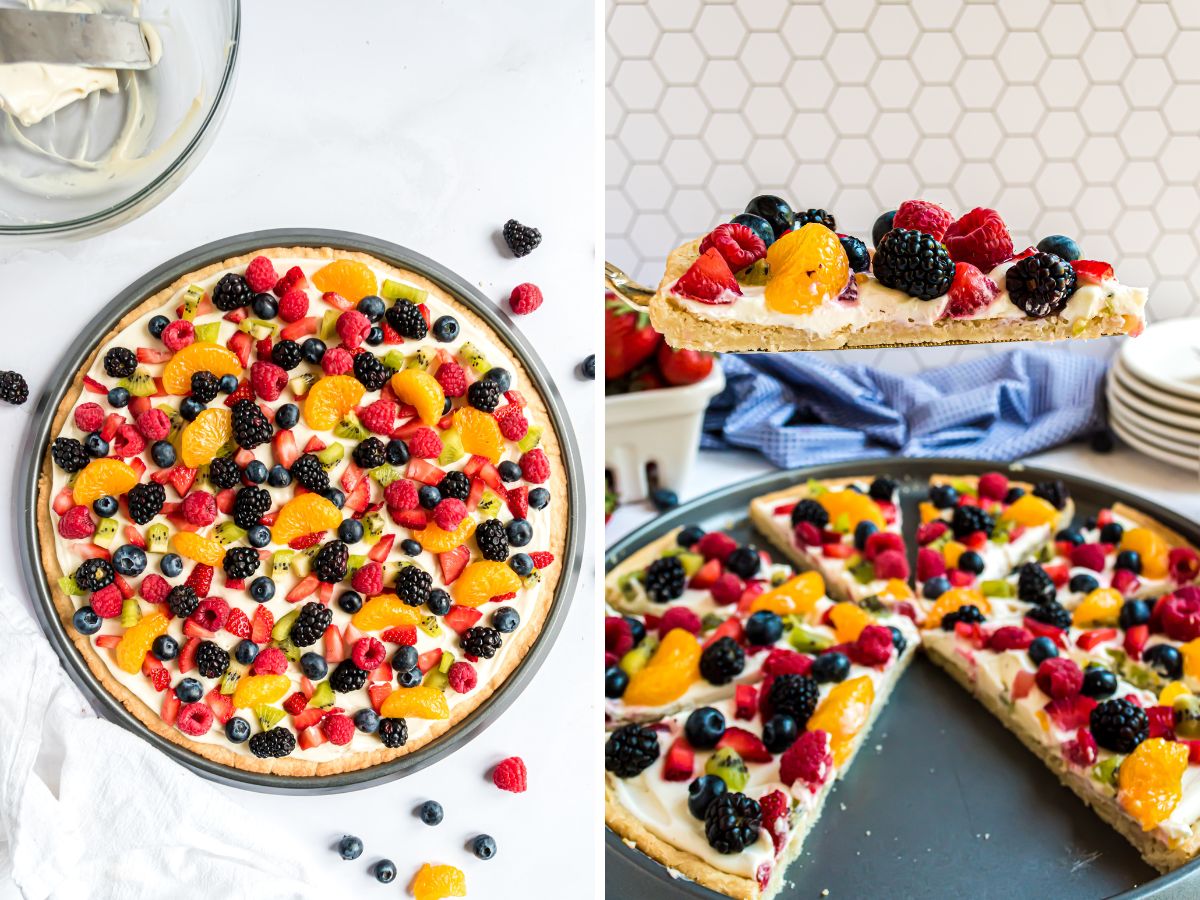 How to make fruit pizza with step by step pictures of the directions in a photo collage. 