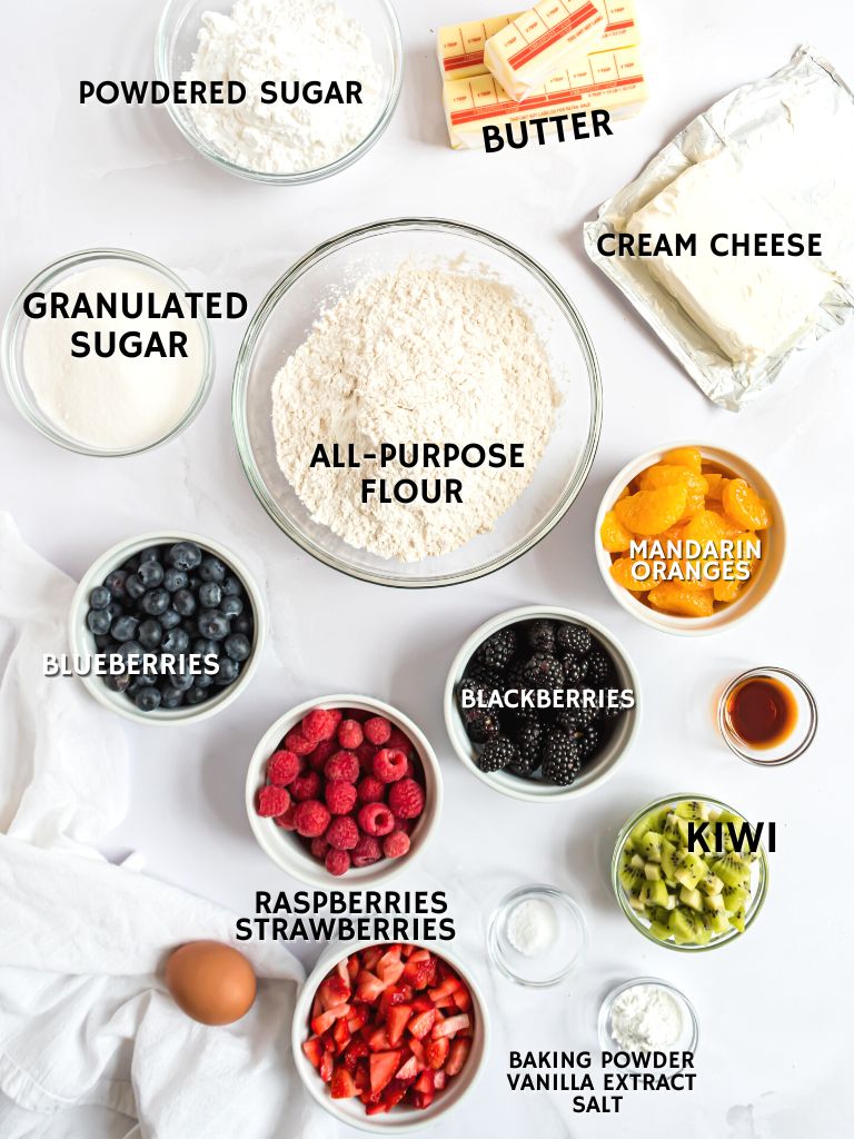 Ingredients for a fruit pizza on a white background with each one labeled in text with what it is. 