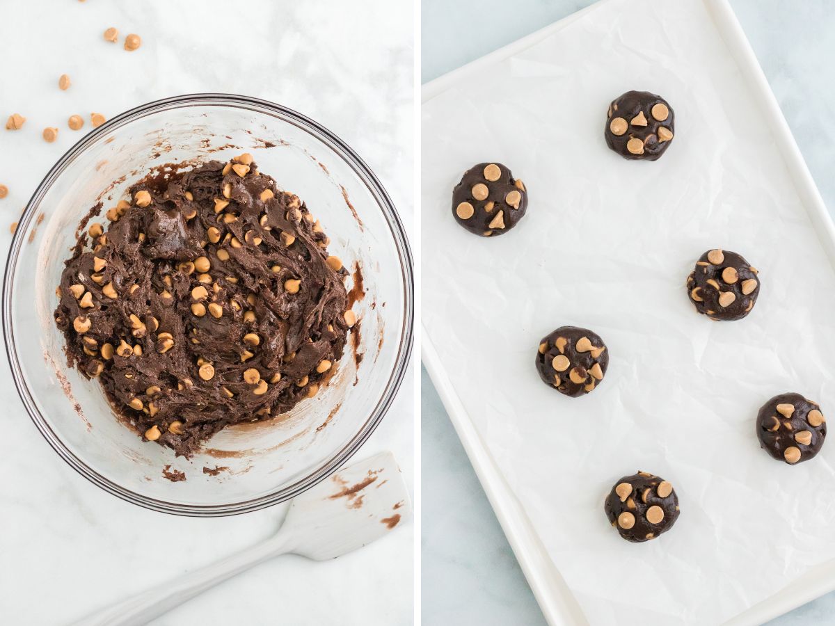 Step by step instructions, with pictures, for how to make cake mix cookies with chocolate and peanut butter chips. 