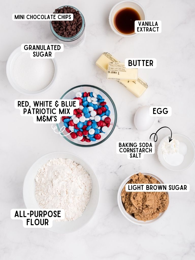Ingredients for this cookie recipe with each one labeled in black text. 