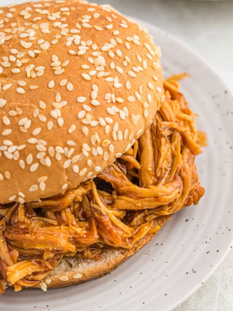 A sandwich with shredded bbq chicken inside of it sitting on a white speckled plate. 