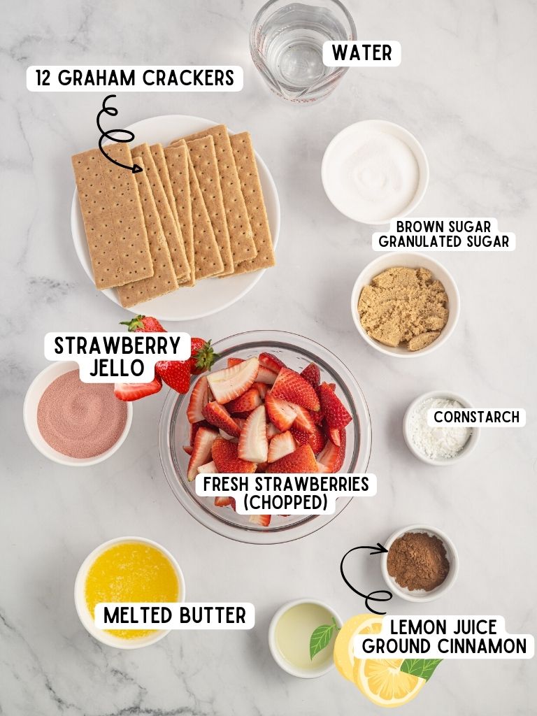 Ingredients needed to make a strawberry pie with a strawberry gelatin mix. Each one labeled in black text with what it is. 