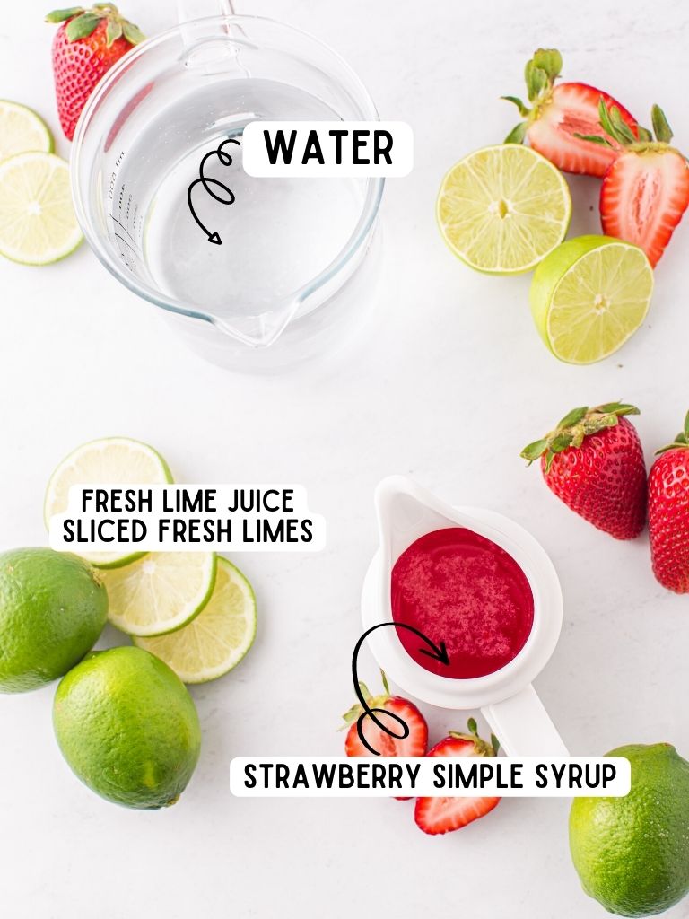 Ingredients needed to make this limeade recipe with each one labeled in black text with what it is. 