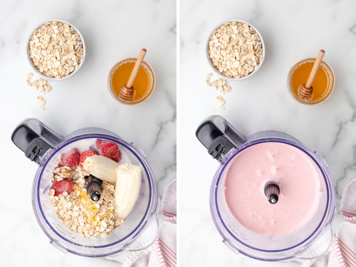 How to make a strawberry oatmeal smoothie with step by step process photos.