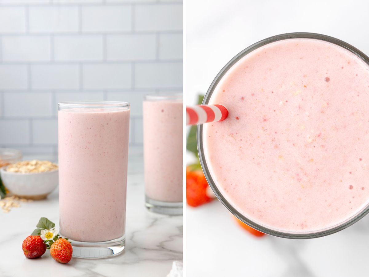 How to make a strawberry oatmeal smoothie with step by step process photos.