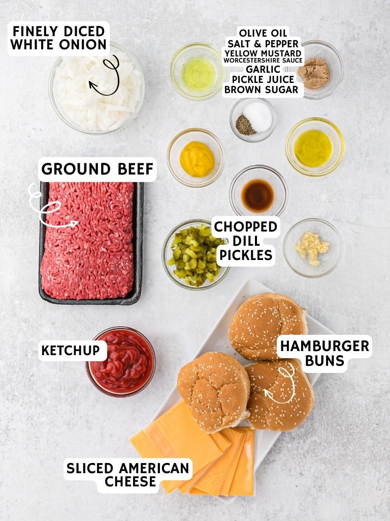 Ingredients for sloppy joes that taste like a cheeseburger with each one labeled in black text with what it is. 